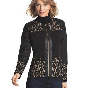 Chico's Pieced Ponte Lace-Mix Faux Leather Jacket  Black/Champagne Size XL